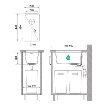 Chiuvetă granit sub blat London 45 XXL – Cuvă 370×430×200 mm