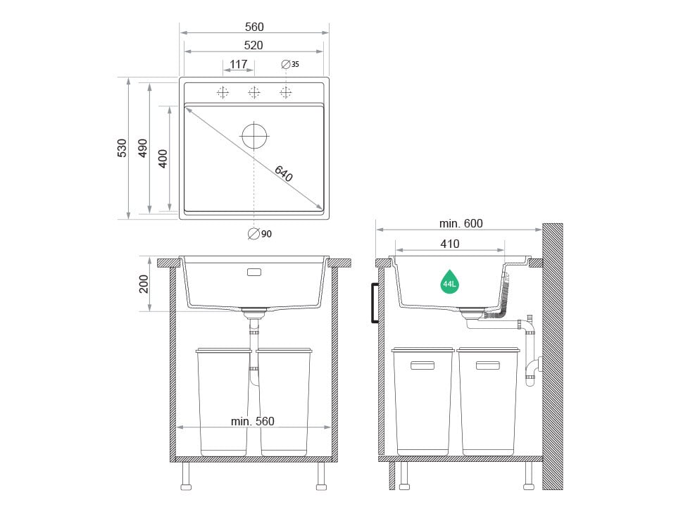 Chiuvetă din granit sub blat Bergen 60 Low Cut – Cuvă MAX 520×400×200 mm, raft Low Cut