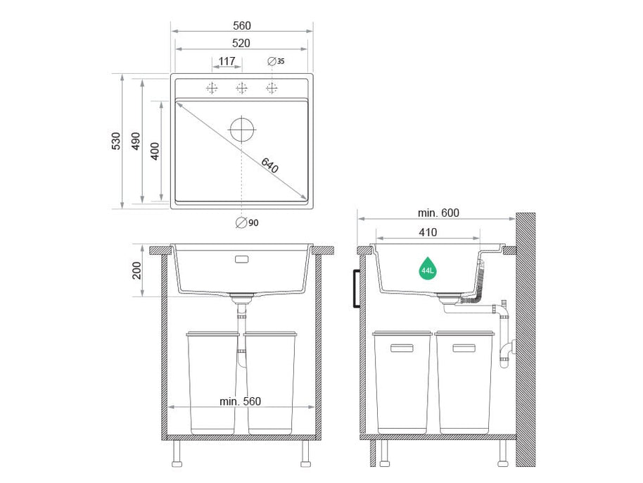 Chiuvetă din granit sub blat Bergen 60 Low Cut – Cuvă MAX 520×400×200 mm, raft Low Cut