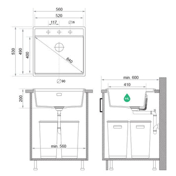 Chiuvetă din granit sub blat Bergen 60 Low Cut – Cuvă MAX 520×400×200 mm, raft Low Cut