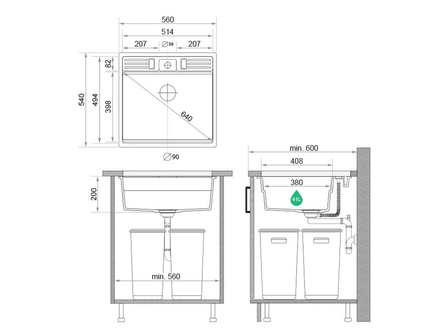 Chiuvetă granit sub blat Bergen 60 Double Pocket – Cuvă XXL 514×398×200 mm, Workstation cu buzunare duble