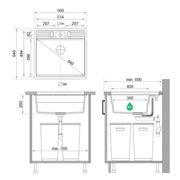 Chiuvetă granit sub blat Bergen 60 Double Pocket – Cuvă XXL 514×398×200 mm, Workstation cu buzunare duble