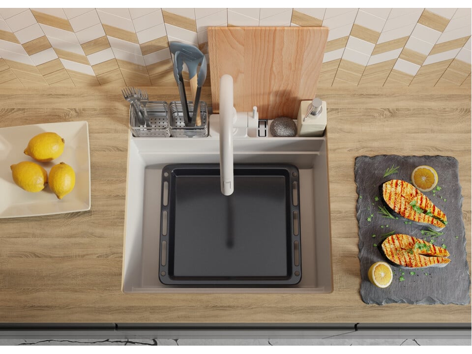 Chiuvetă granit sub blat Bergen 60 Double Pocket – Cuvă XXL 514×398×200 mm, Workstation cu buzunare duble