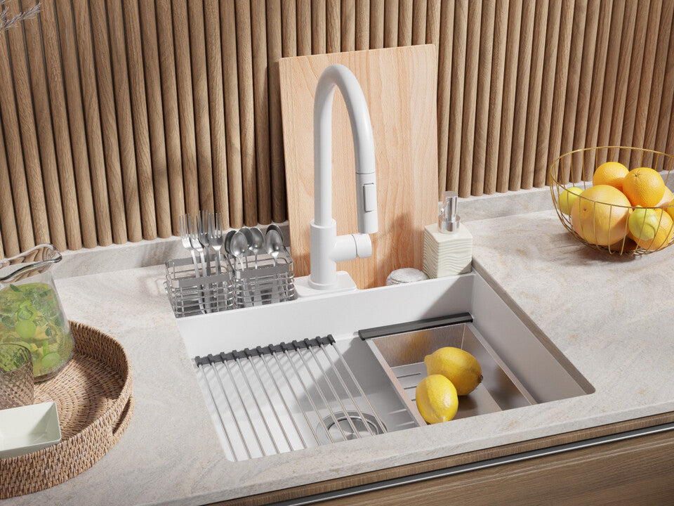 Chiuvetă granit sub blat Bergen 60 Double Pocket – Cuvă XXL 514×398×200 mm, Workstation cu buzunare duble