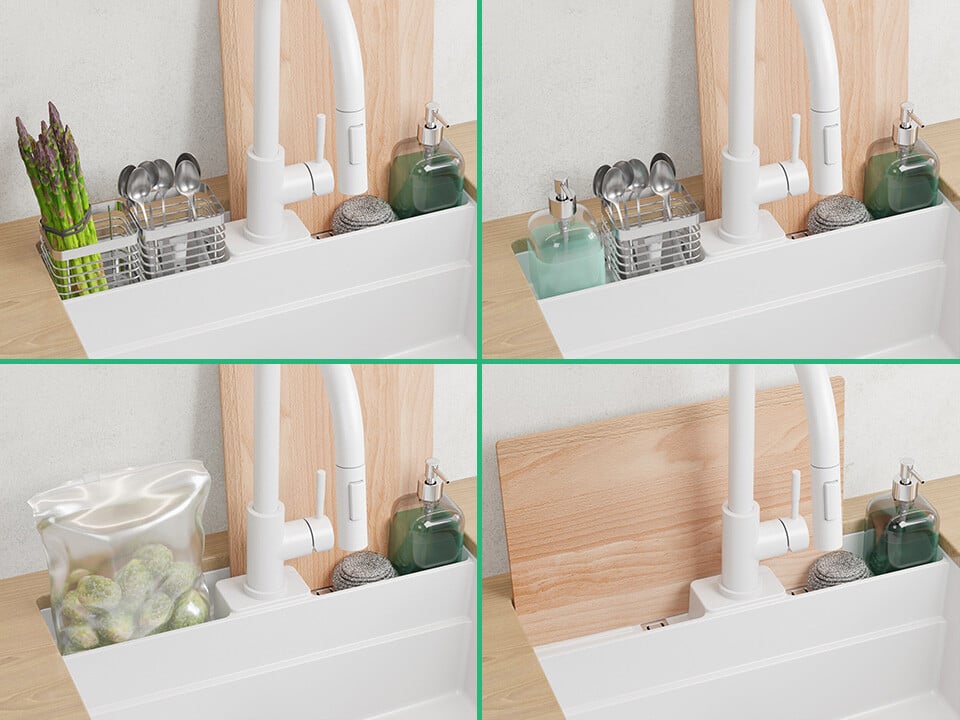 Chiuvetă granit sub blat Bergen 60 Double Pocket – Cuvă XXL 514×398×200 mm, Workstation cu buzunare duble