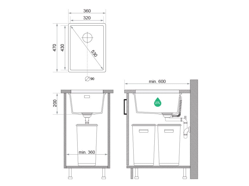 Chiuvetă de bucătărie din granit sub blat cu cea mai mare cuvă XXL – London 40