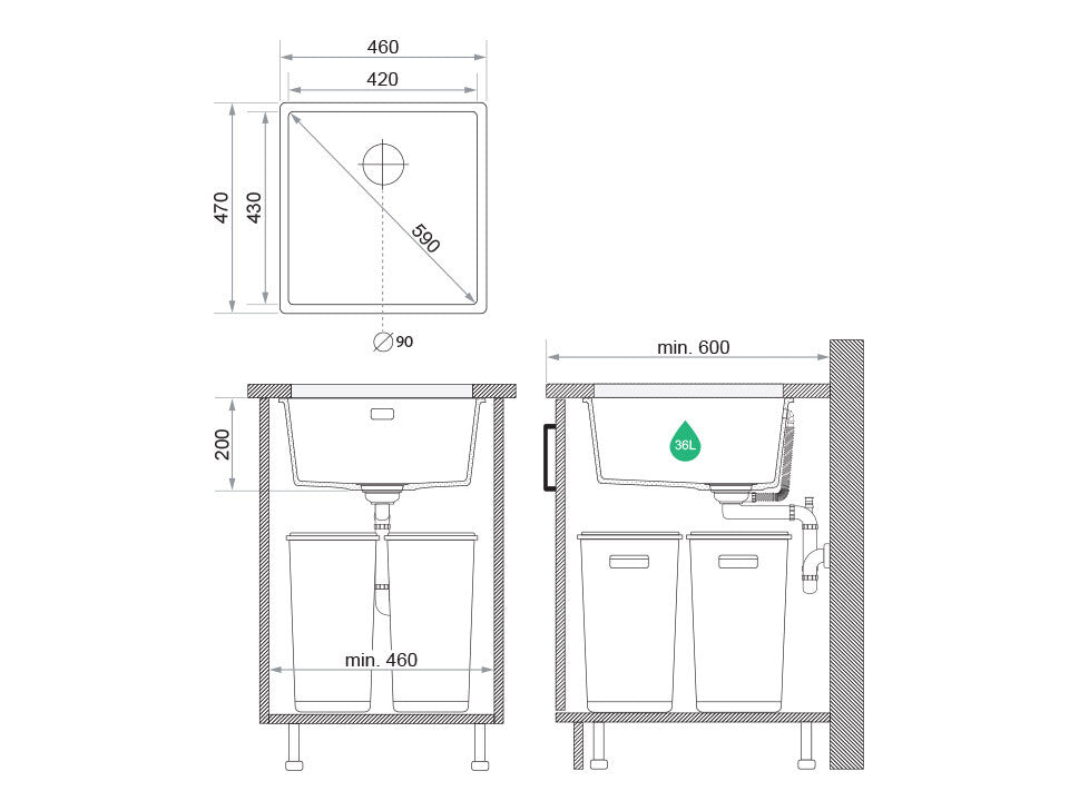 Chiuvetă granit sub blat London 50 XXL – Cuvă 420×430×200 mm