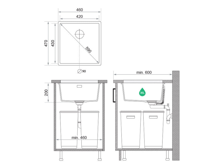 Chiuvetă granit sub blat London 50 XXL – Cuvă 420×430×200 mm
