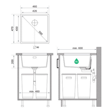 Chiuvetă granit sub blat London 50 XXL – Cuvă 420×430×200 mm