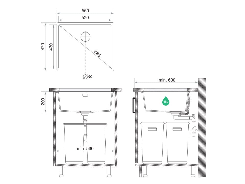 Chiuvetă granit sub blat London 60 XXL – Cuvă 520×430×200 mm