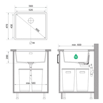 Chiuvetă granit sub blat London 60 XXL – Cuvă 520×430×200 mm