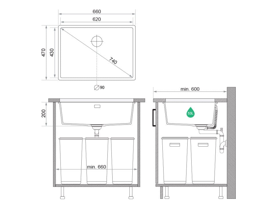 Chiuvetă granit sub blat London 70 XXL – Cuvă 620×430×200 mm
