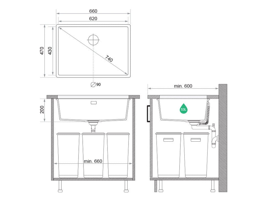 Chiuvetă granit sub blat London 70 XXL – Cuvă 620×430×200 mm