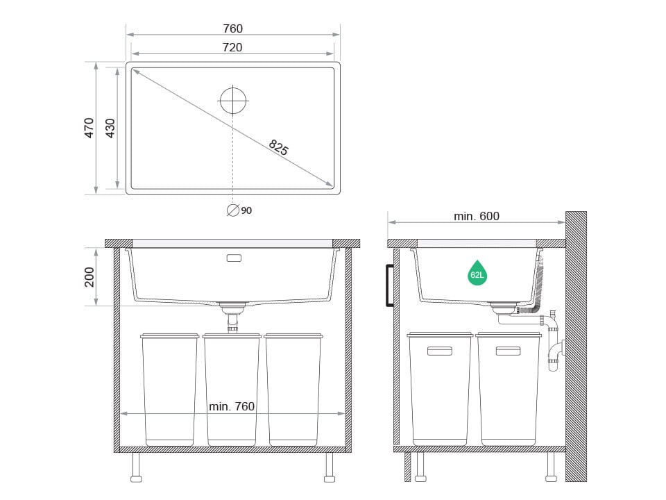Chiuvetă granit sub blat London 80 XXL – Cuvă 720×430×200 mm