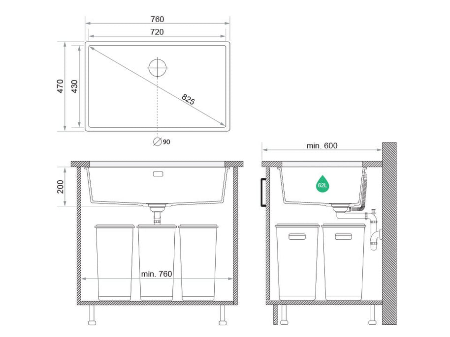 Chiuvetă granit sub blat London 80 XXL – Cuvă 720×430×200 mm