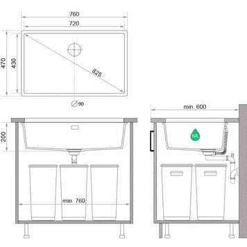 Chiuvetă granit sub blat London 80 XXL – Cuvă 720×430×200 mm