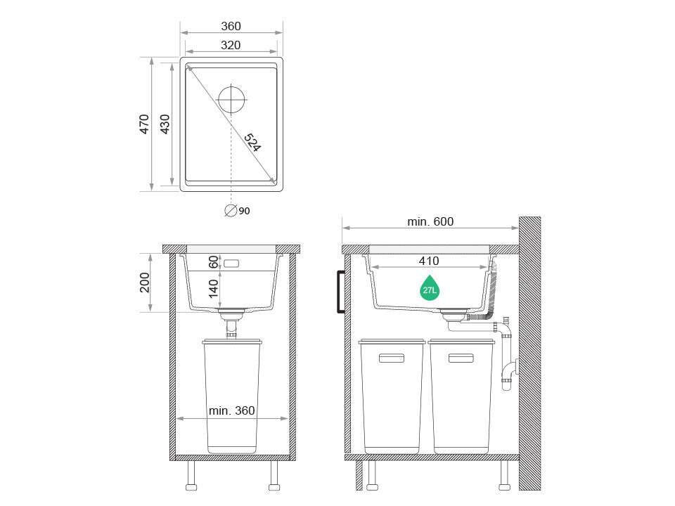 Chiuvetă de bucătărie din granit sub blat cu cea mai mare cuvă XXL – Praga 40 Level (+ scurgător cu rolă GRATUIT)