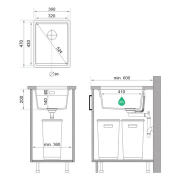 Chiuvetă de bucătărie din granit sub blat cu cea mai mare cuvă XXL – Praga 40 Level (+ scurgător cu rolă GRATUIT)