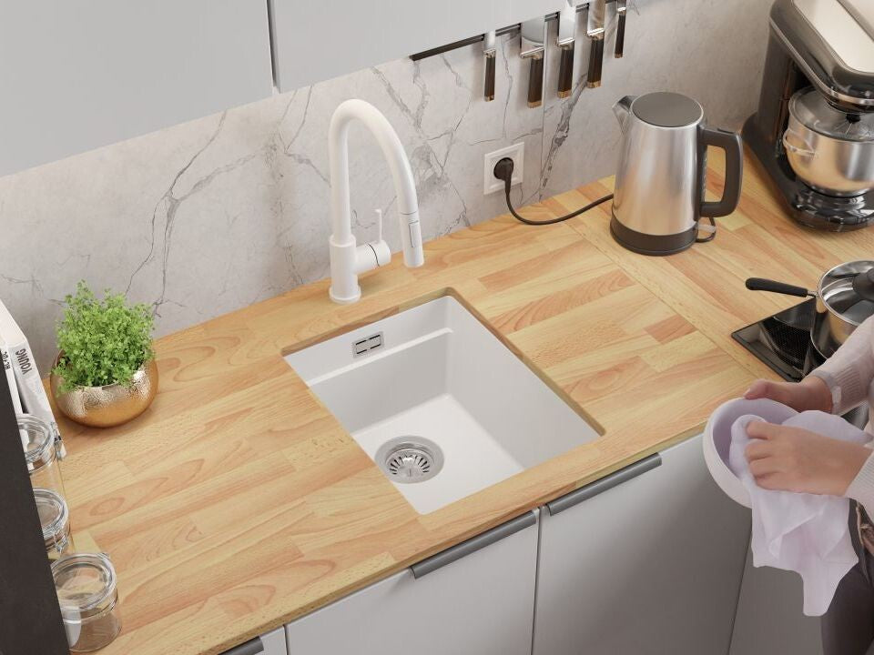 Chiuvetă de bucătărie din granit sub blat cu cea mai mare cuvă XXL – Praga 40 Level (+ scurgător cu rolă GRATUIT)