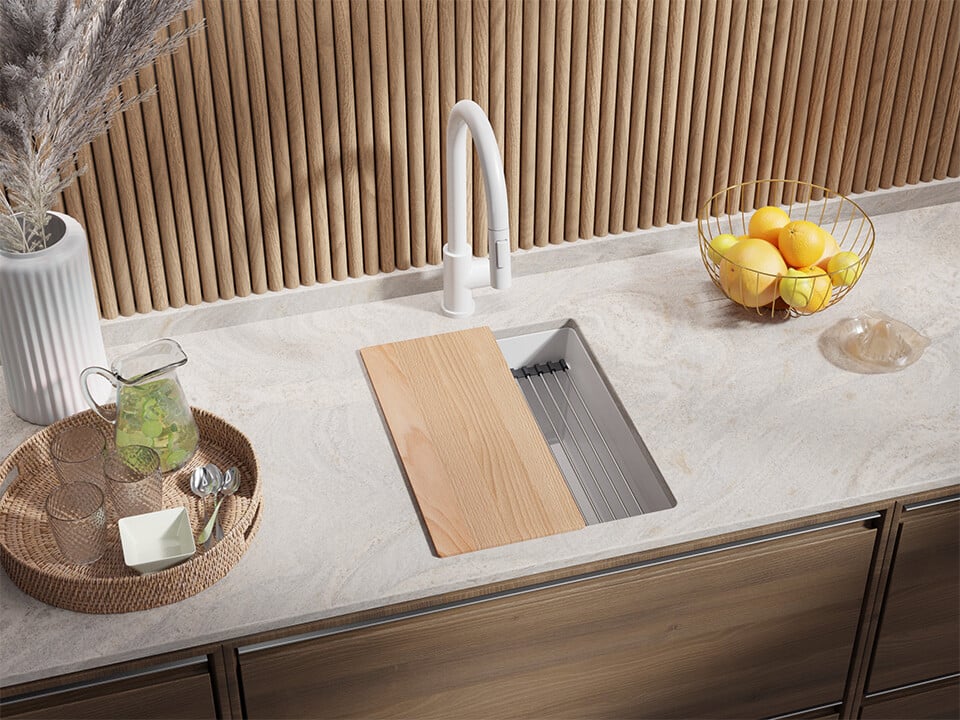 Chiuvetă de bucătărie din granit sub blat cu cea mai mare cuvă XXL – Praga 40 Level (+ scurgător cu rolă GRATUIT)