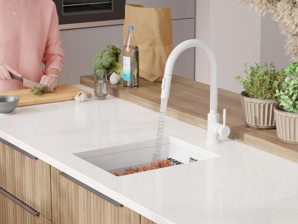 Chiuvetă de bucătărie din granit sub blat cu cea mai mare cuvă XXL – Praga 40 Level (+ scurgător cu rolă GRATUIT)