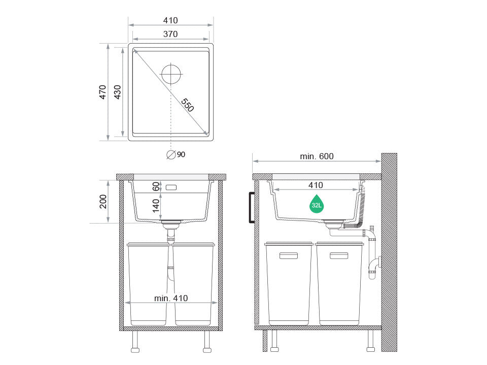 Chiuvetă de bucătărie din granit sub blat cu cuvă XXL și sistem Level – Praga 45 Level (+ scurgător cu rolă GRATUIT)