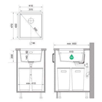 Chiuvetă de bucătărie din granit sub blat cu cuvă XXL și sistem Level – Praga 45 Level (+ scurgător cu rolă GRATUIT)