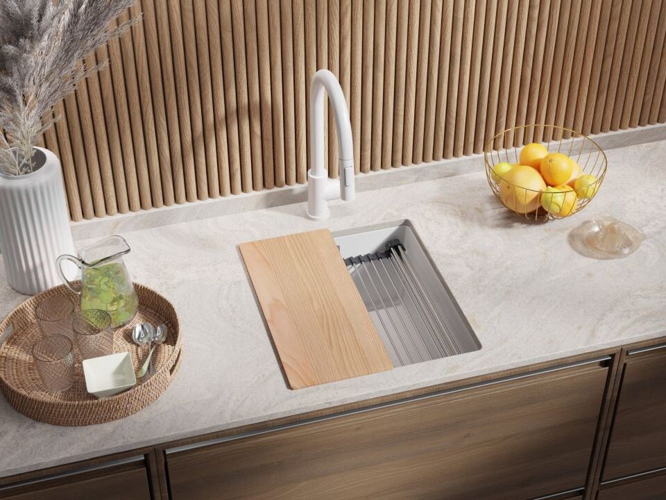 Chiuvetă de bucătărie din granit sub blat cu cuvă XXL și sistem Level – Praga 45 Level (+ scurgător cu rolă GRATUIT)