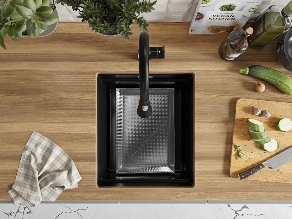 Chiuvetă de bucătărie din granit sub blat cu cuvă XXL și sistem Level – Praga 45 Level (+ scurgător cu rolă GRATUIT)