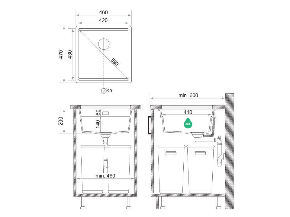 Chiuvetă de bucătărie din granit sub blat cu cea mai mare cuvă XXL – Praga 50 Level (+ scurgător cu rolă GRATUIT)