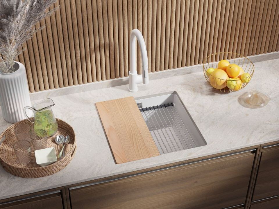 Chiuvetă de bucătărie din granit sub blat cu cea mai mare cuvă XXL – Praga 50 Level (+ scurgător cu rolă GRATUIT)