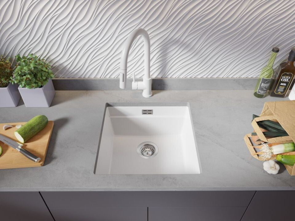 Chiuvetă de bucătărie din granit sub blat cu cea mai mare cuvă XXL – Praga 50 Level (+ scurgător cu rolă GRATUIT)