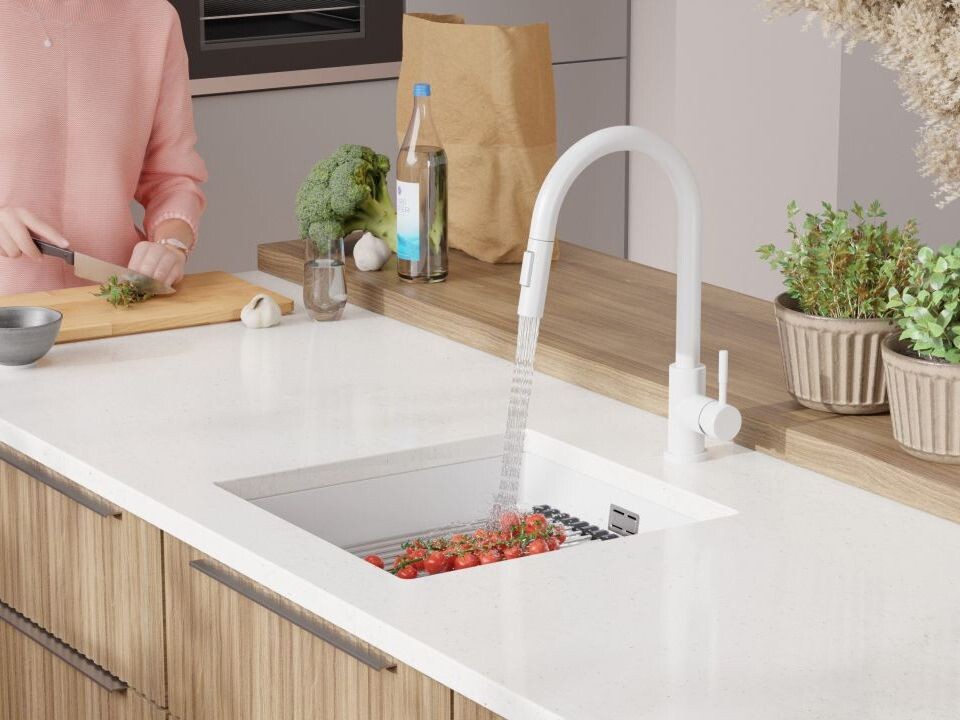 Chiuvetă de bucătărie din granit sub blat cu cea mai mare cuvă XXL – Praga 50 Level (+ scurgător cu rolă GRATUIT)