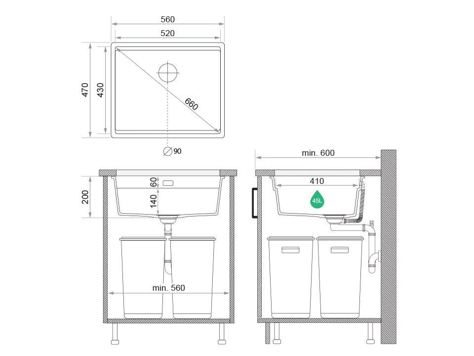 Chiuvetă de bucătărie din granit sub blat cu cea mai mare cuvă XXL — Praga 60 Level (+ scurgător cu rolă GRATUIT)