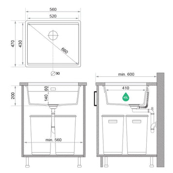 Chiuvetă de bucătărie din granit sub blat cu cea mai mare cuvă XXL — Praga 60 Level (+ scurgător cu rolă GRATUIT)