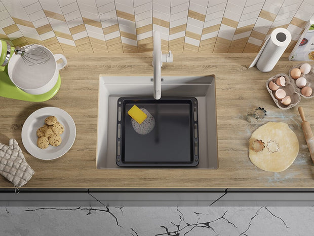 Chiuvetă de bucătărie din granit sub blat cu cea mai mare cuvă XXL — Praga 60 Level (+ scurgător cu rolă GRATUIT)