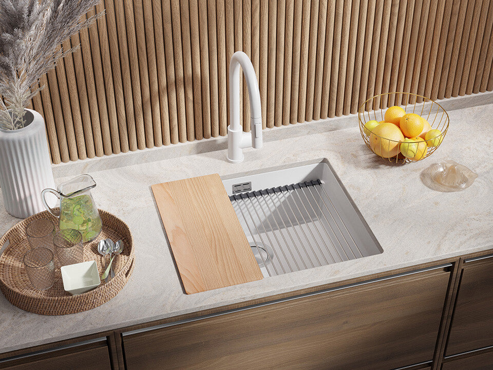 Chiuvetă de bucătărie din granit sub blat cu cea mai mare cuvă XXL — Praga 60 Level (+ scurgător cu rolă GRATUIT)