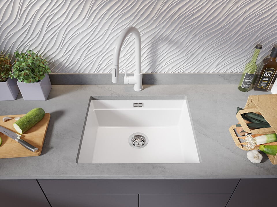 Chiuvetă de bucătărie din granit sub blat cu cea mai mare cuvă XXL — Praga 60 Level (+ scurgător cu rolă GRATUIT)