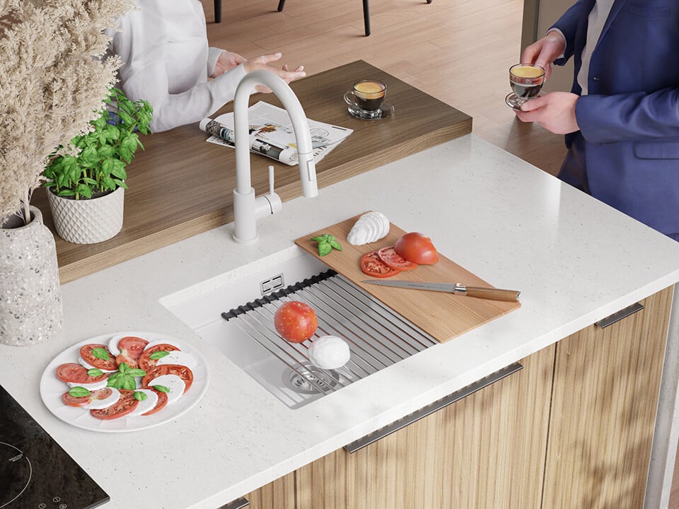 Chiuvetă de bucătărie din granit sub blat cu cea mai mare cuvă XXL — Praga 60 Level (+ scurgător cu rolă GRATUIT)
