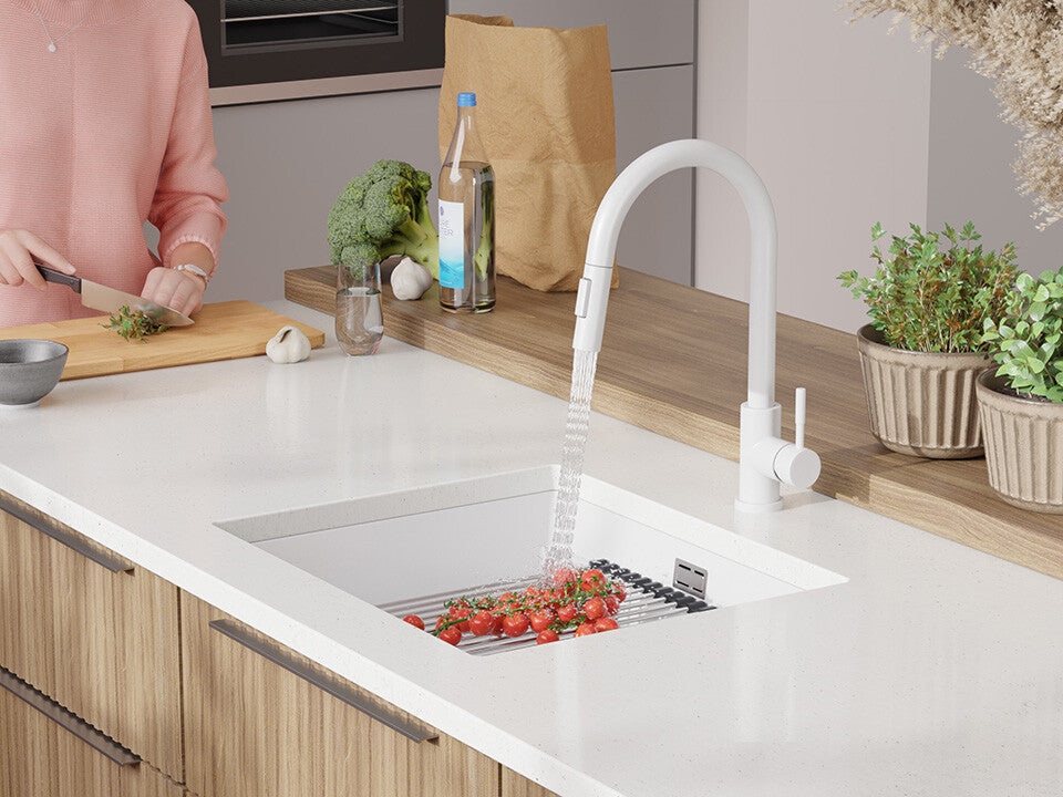 Chiuvetă de bucătărie din granit sub blat cu cea mai mare cuvă XXL — Praga 60 Level (+ scurgător cu rolă GRATUIT)