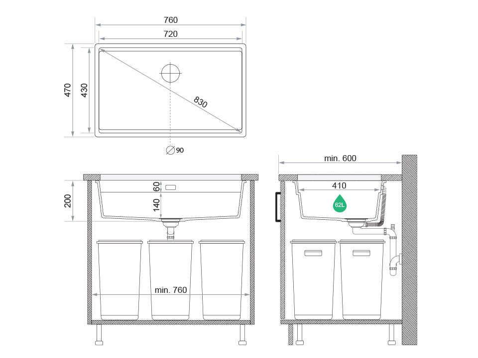 Chiuvetă de bucătărie din granit sub blat cu cea mai mare cuvă XXL – Praga 80 Level (+ scurgător cu rolă GRATUIT)