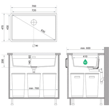 Chiuvetă de bucătărie din granit sub blat cu cea mai mare cuvă XXL – Praga 80 Level (+ scurgător cu rolă GRATUIT)
