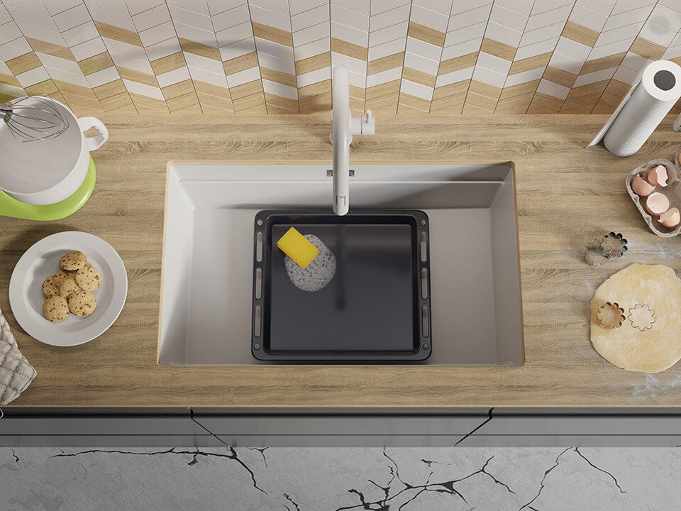 Chiuvetă de bucătărie din granit sub blat cu cea mai mare cuvă XXL – Praga 80 Level (+ scurgător cu rolă GRATUIT)