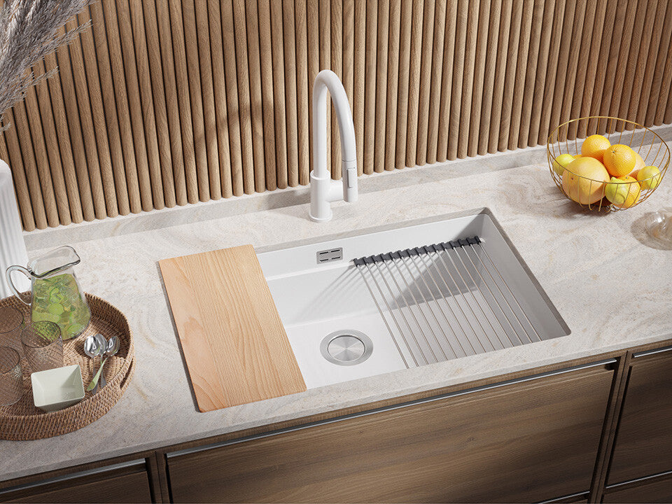 Chiuvetă de bucătărie din granit sub blat cu cea mai mare cuvă XXL – Praga 80 Level (+ scurgător cu rolă GRATUIT)