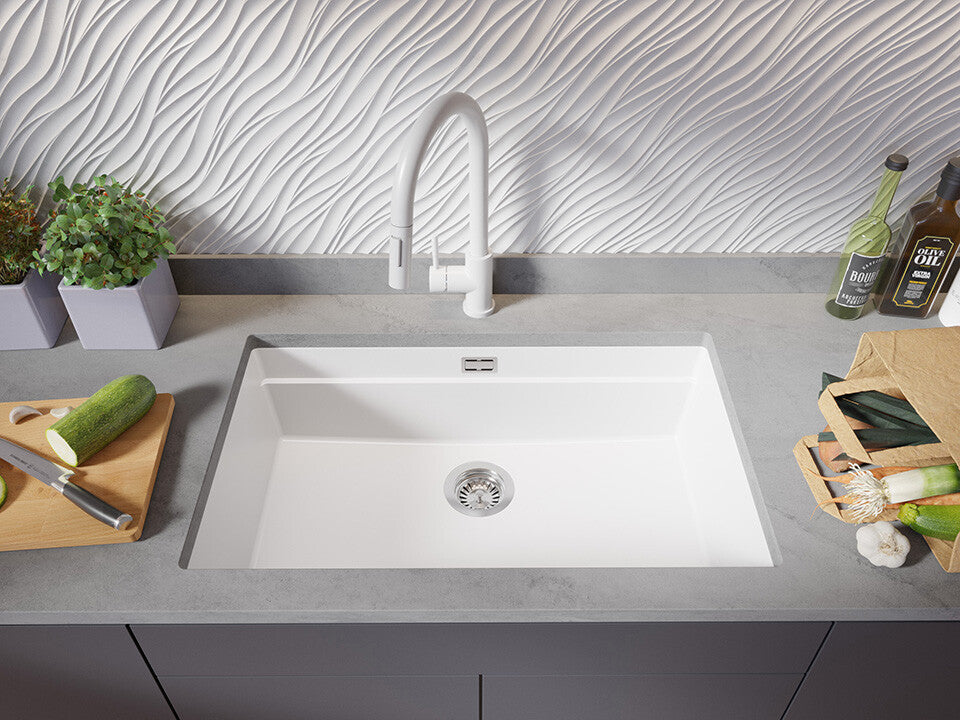Chiuvetă de bucătărie din granit sub blat cu cea mai mare cuvă XXL – Praga 80 Level (+ scurgător cu rolă GRATUIT)