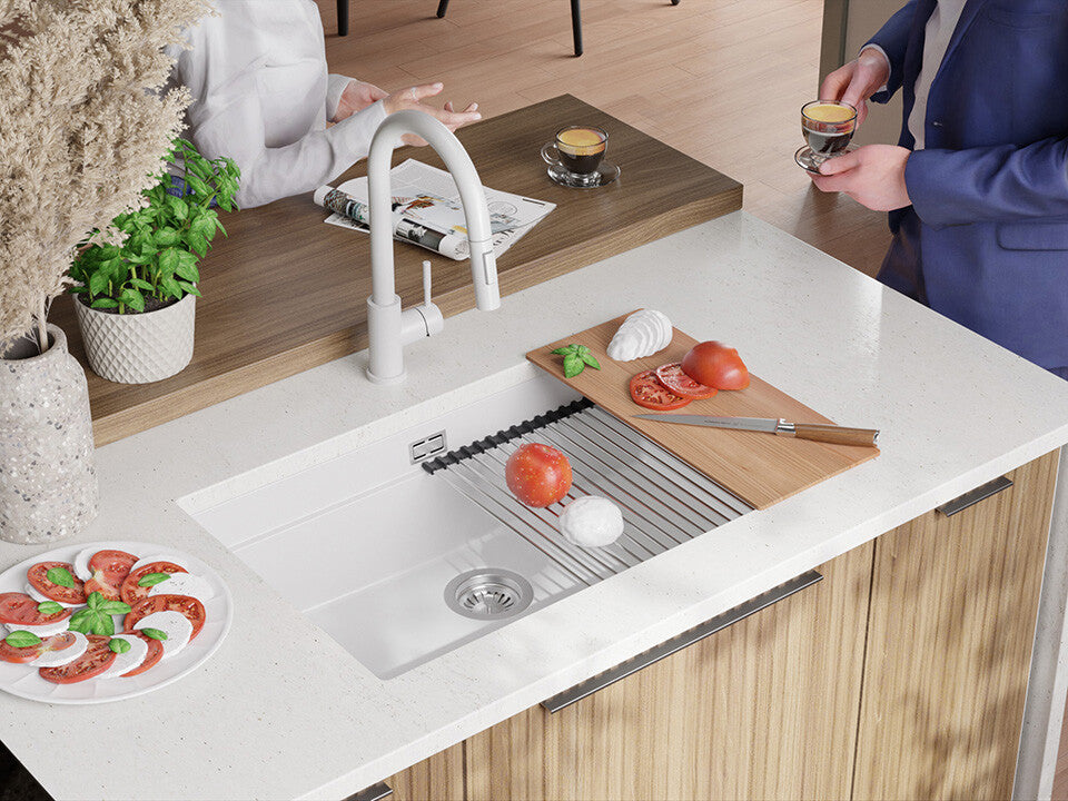 Chiuvetă de bucătărie din granit sub blat cu cea mai mare cuvă XXL – Praga 80 Level (+ scurgător cu rolă GRATUIT)