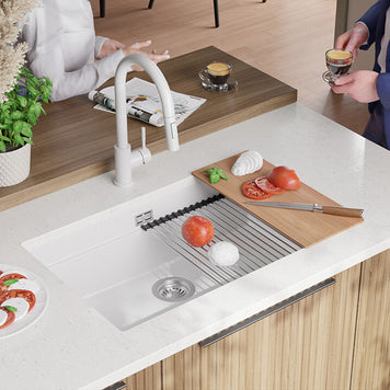 Chiuvetă de bucătărie din granit sub blat cu cea mai mare cuvă XXL – Praga 80 Level (+ scurgător cu rolă GRATUIT)