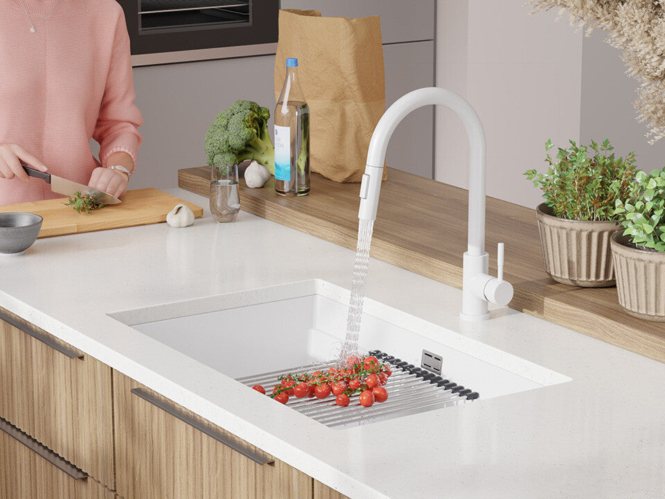 Chiuvetă de bucătărie din granit sub blat cu cea mai mare cuvă XXL – Praga 80 Level (+ scurgător cu rolă GRATUIT)