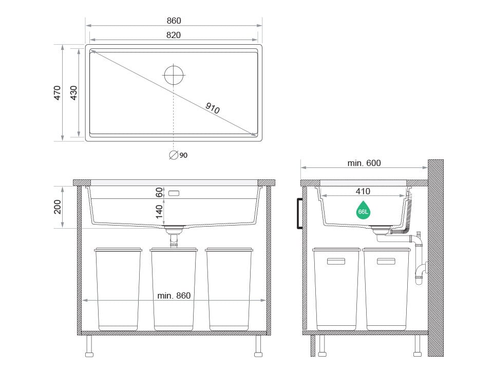 Chiuvetă de bucătărie din granit sub blat cu cea mai mare cuvă XXL – Praga 90 Level (+ scurgător cu rolă GRATUIT)