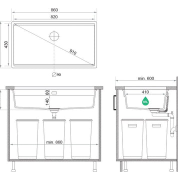 Chiuvetă de bucătărie din granit sub blat cu cea mai mare cuvă XXL – Praga 90 Level (+ scurgător cu rolă GRATUIT)